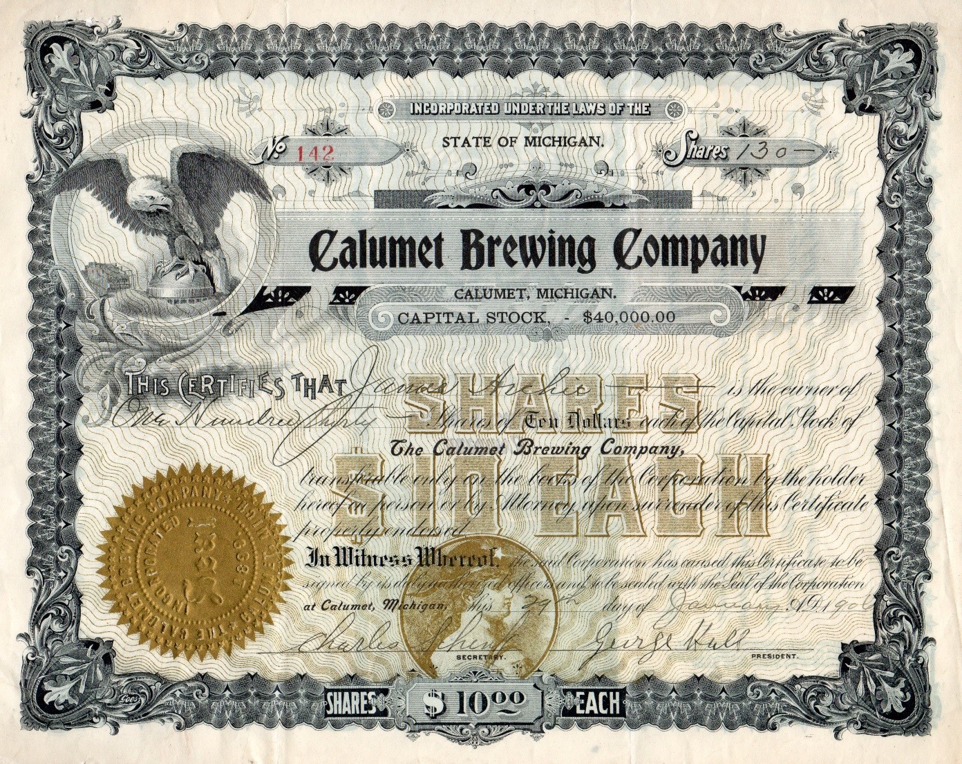 Calumet Brewing Co. Stock Certificate - 1906<br>Courtesy of the Richard Dana Collection