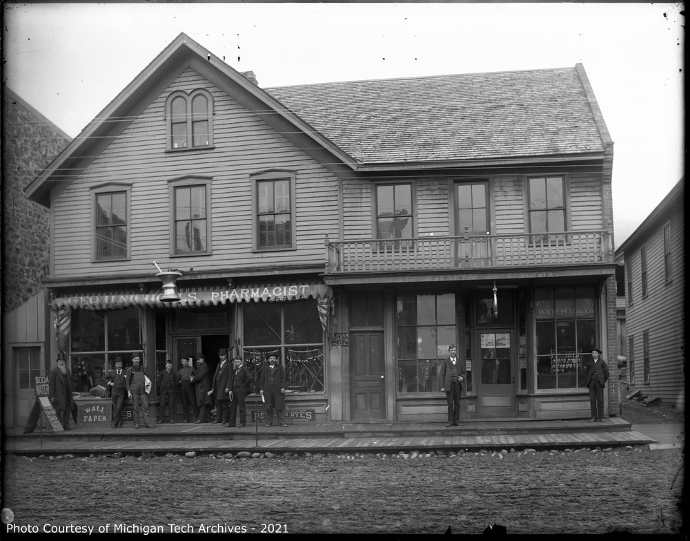 Geo. H. Nichols Pharmacist, Quincy St., Hancock<br>Courtesy of Michigan Technological University Archives and Copper Country Historical Collections, John T. Reeder Photograph Collection, MS042-999-T-019